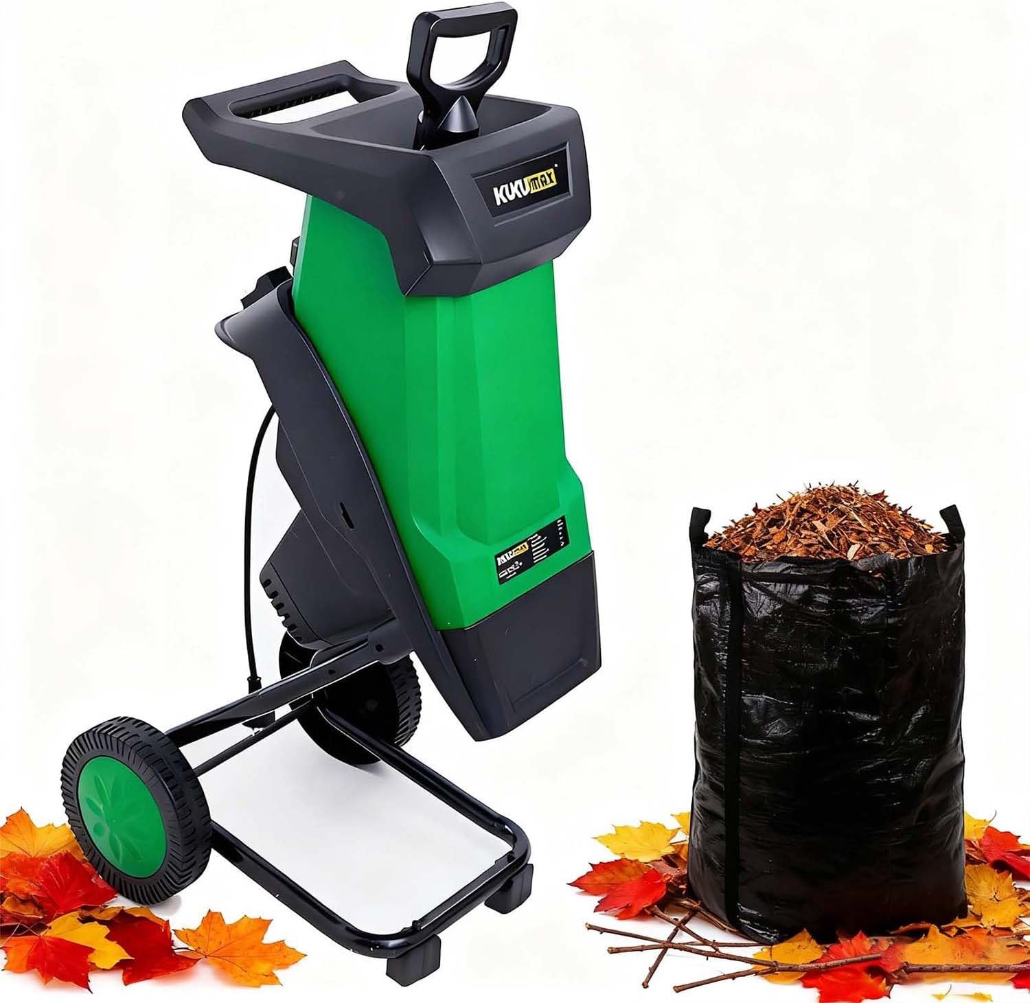 Electric Garden Shredder 2400W Powerful Wood Chipper with 50L Collection Bag, 40mm Cutting Capacity, Quiet Leaf Mulcher and Yard Waste Shredder with Wheels for Home Garden Maintenance