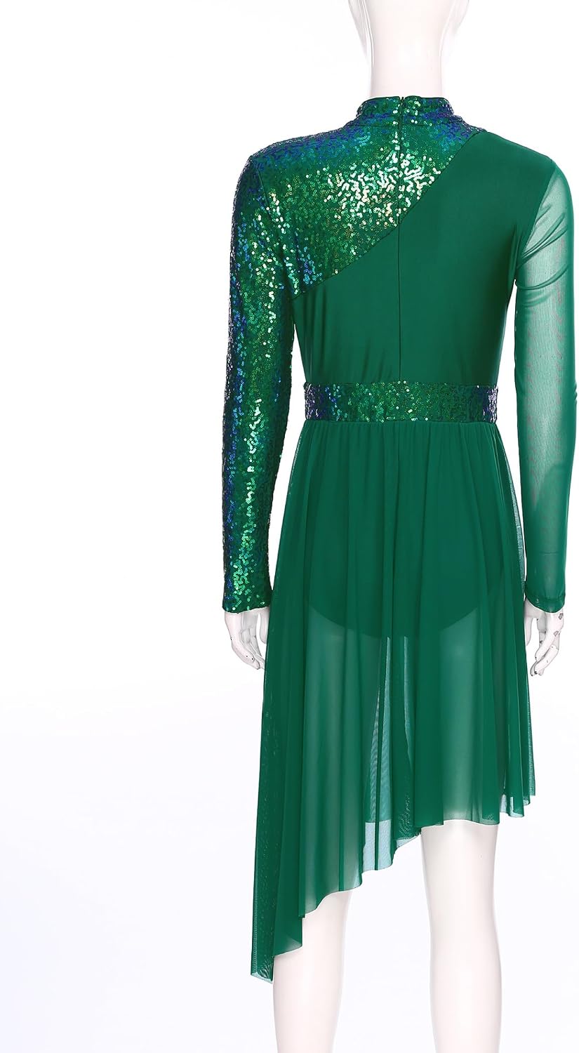 Women's Sequin Lyrical Contemporary Dance Costume Ballet Dance Dress Irregular Dancewear