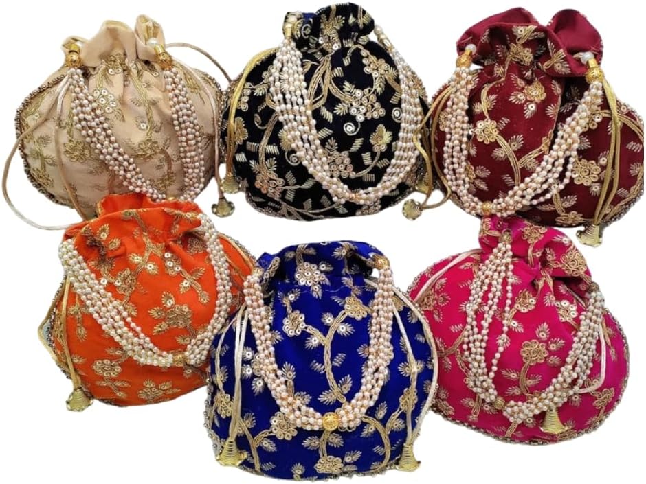 IGH India Gift Hub Indian Handmade Women's Velvet Embroidered Potli Purse Bag Pouch Drawstring Bag | Indian Potli Handbag
