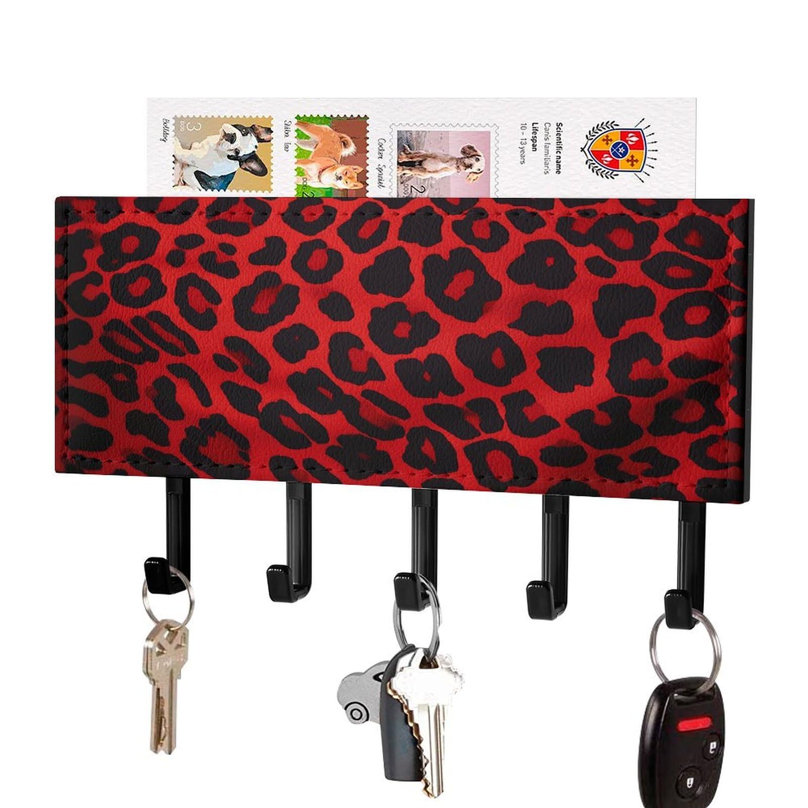 VstaDank Red Leopard Pattern Key Holder for Wall Decorative Mail Organizer Wall Mount with 5 Hooks Easy Installation Key Rack PU Adhesive Keys Rack for Entryway Door Bathroom Kitchen