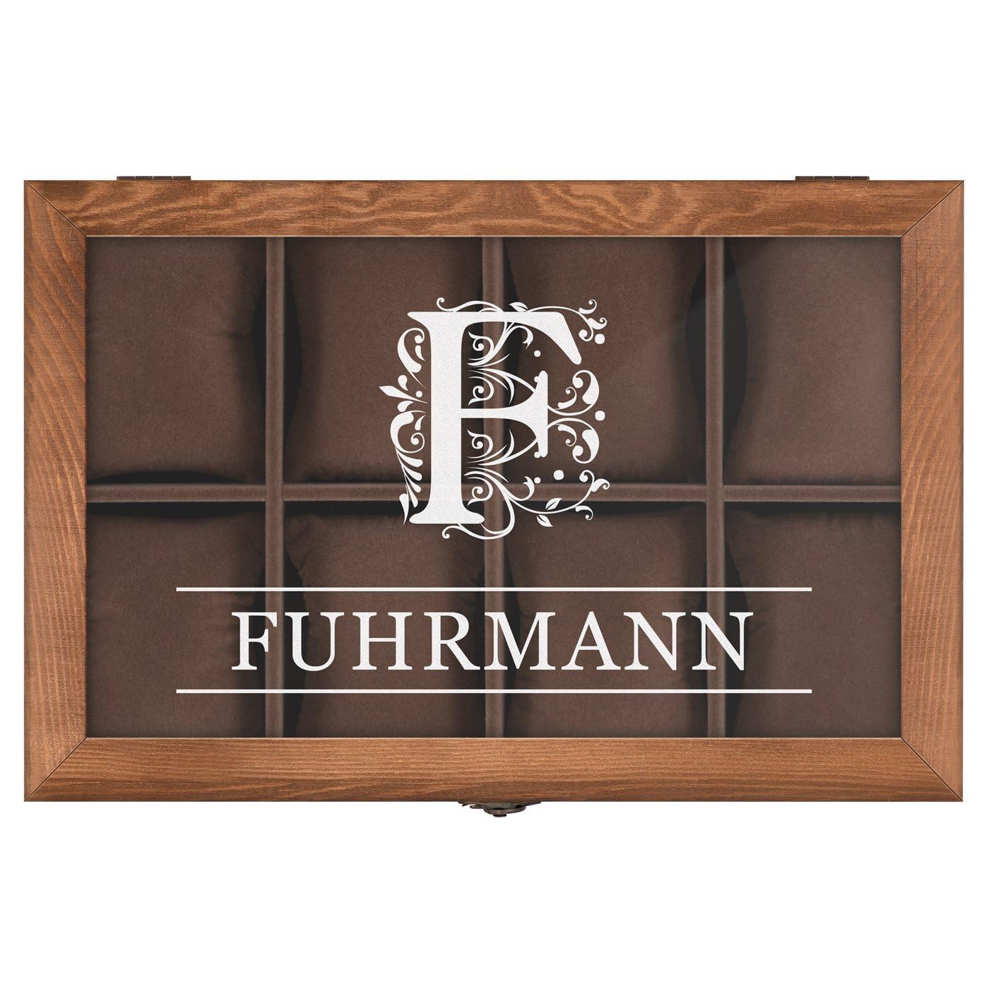 Maverton Uhrenbox mit Gravur - braune Uhren Aufbewahrungsbox für 8 Uhren mit Glasdeckel und Schublade für Schmuck - funktionale Schmuckschatulle für Frauen und Paar - 30x20x12,5cm - Monogramm | Schmuckkästchen mit 8 Fächern und Schublade, für Geburtstag,