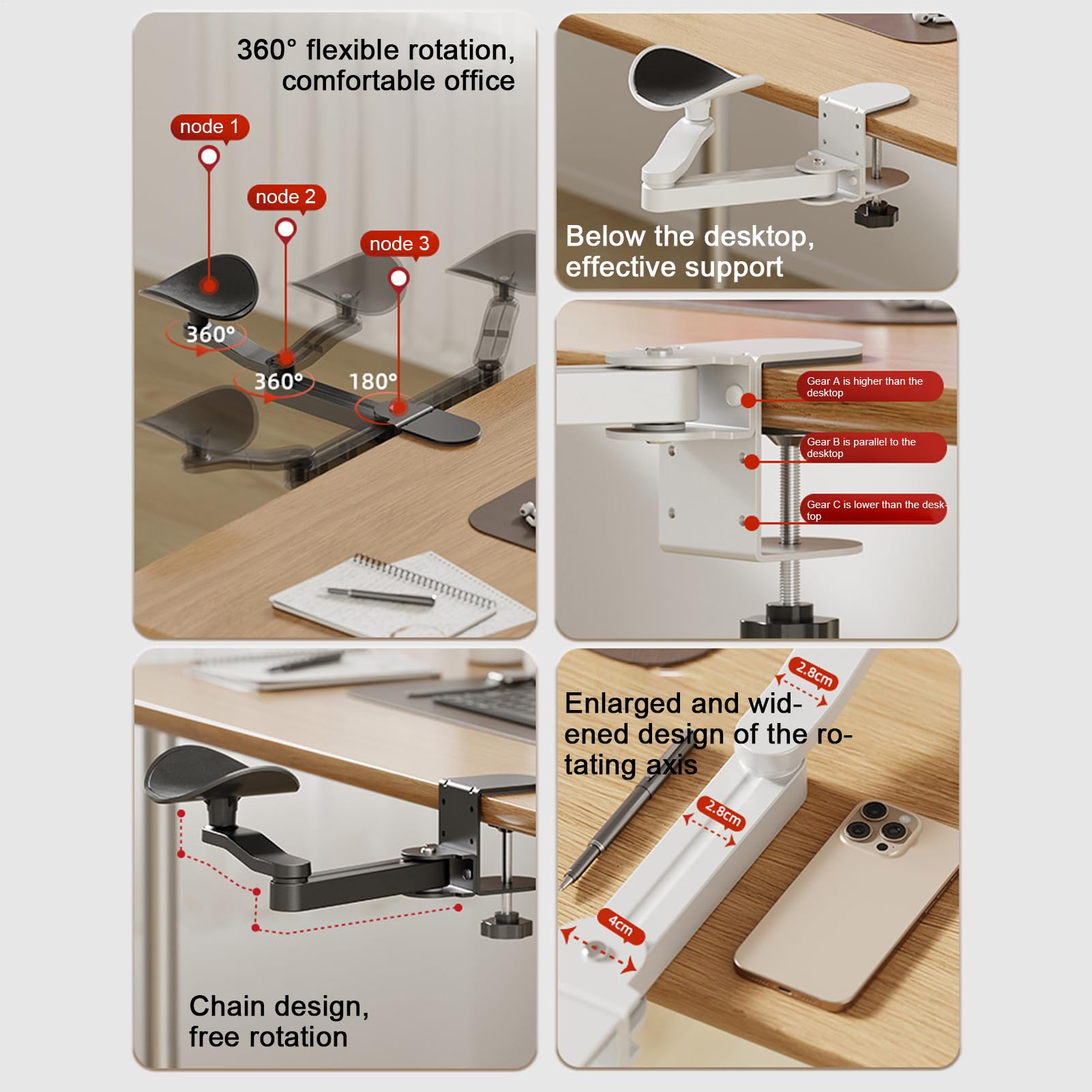 Accoudoir pour bureau – Coudière ergonomique, support de bras de bureau extensible, clavier rotatif à 360° et accoudoir d'ordinateur | Hauteur réglable pour la maison, la bibliothèque, les bureaux