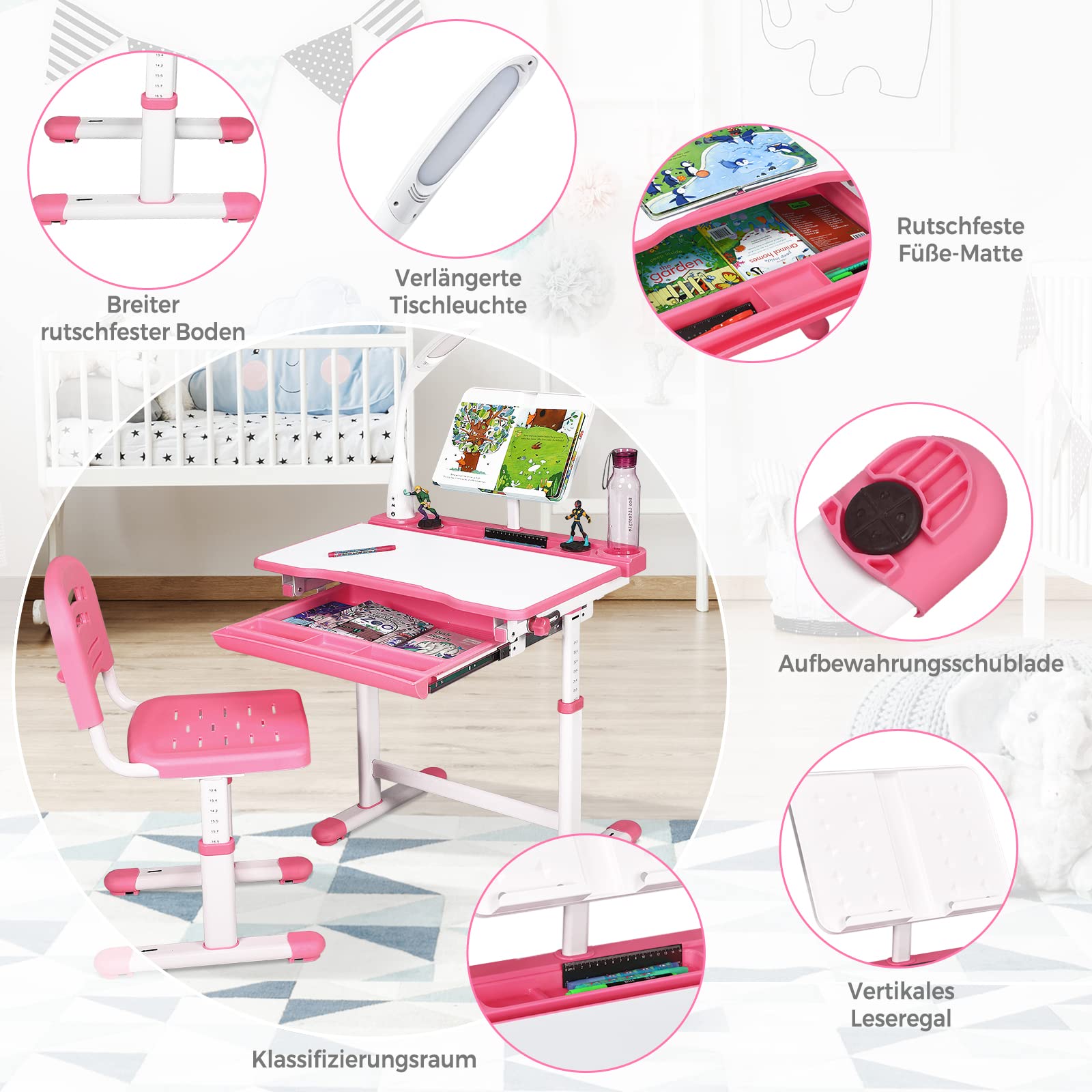 RELAX4LIFE Höhenverstellbarer Kinderschreibtisch mit Stuhl, Schülerschreibtisch mit Augenschutzlampe, Schreibtischset mit Verstellbarer Rückenlehne, Kindertisch mit kippbarer Tischplatte (Rosa)