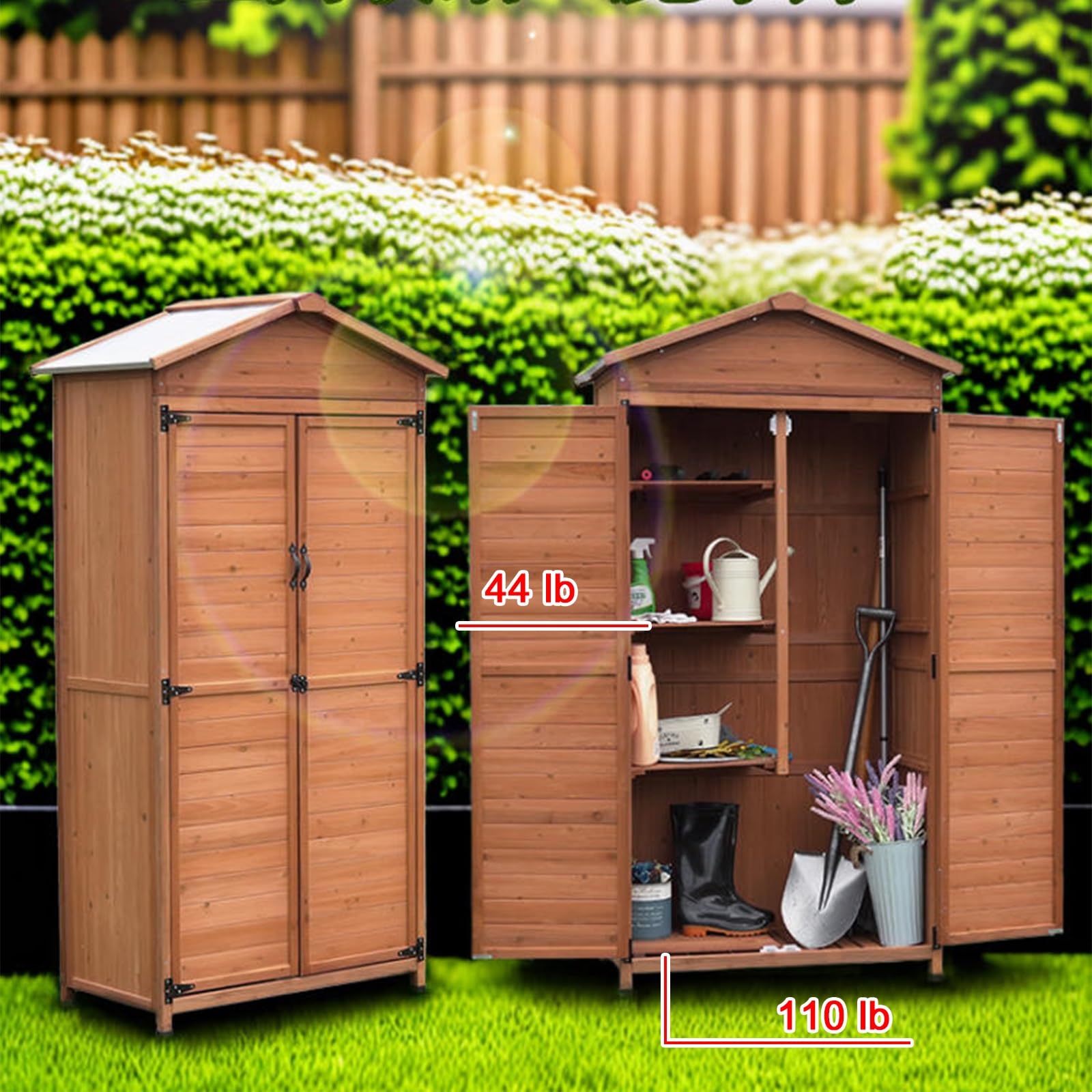 Zamykana szafka na narzędzia ogrodowe z półkami i drzwiami, organizer na zewnątrz do patio i garażu, zielona, 99 x 60 x 190 cm, trwałe i bezpieczne rozwiązanie ogrodnicze.