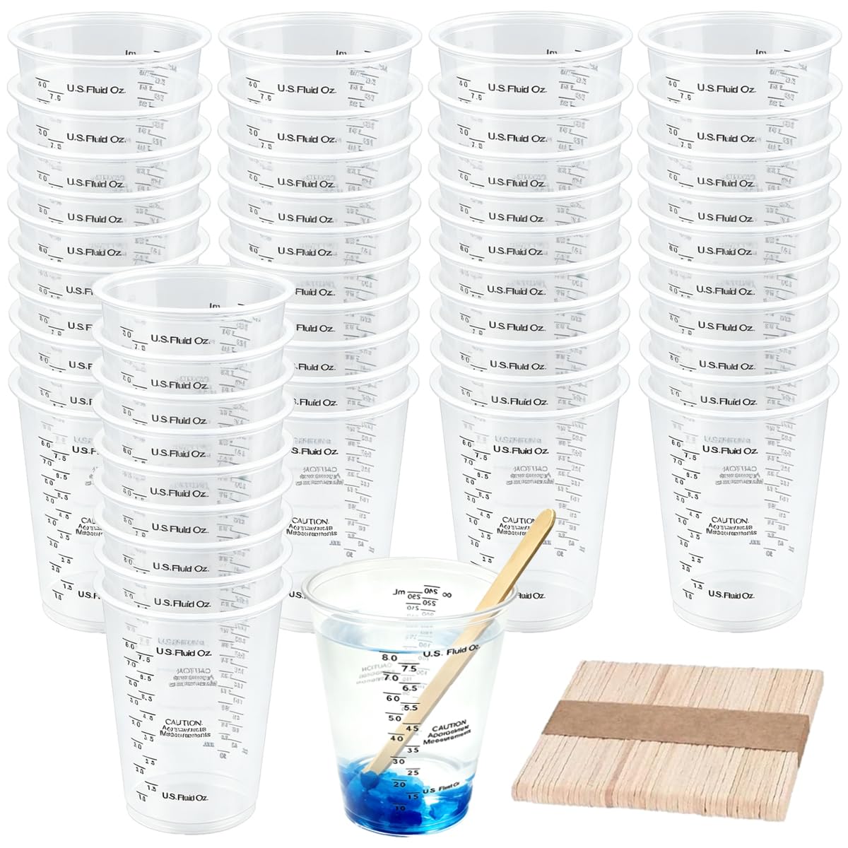Epoxy Resin Mixing Cups, 50 Pcs Clear Plastic Measuring Cups with 50pcs Wooden Stirring Sticks 8oz / 240ml for Precise Dosing, Liquids, Resin, Paint, Pigment Mixing
