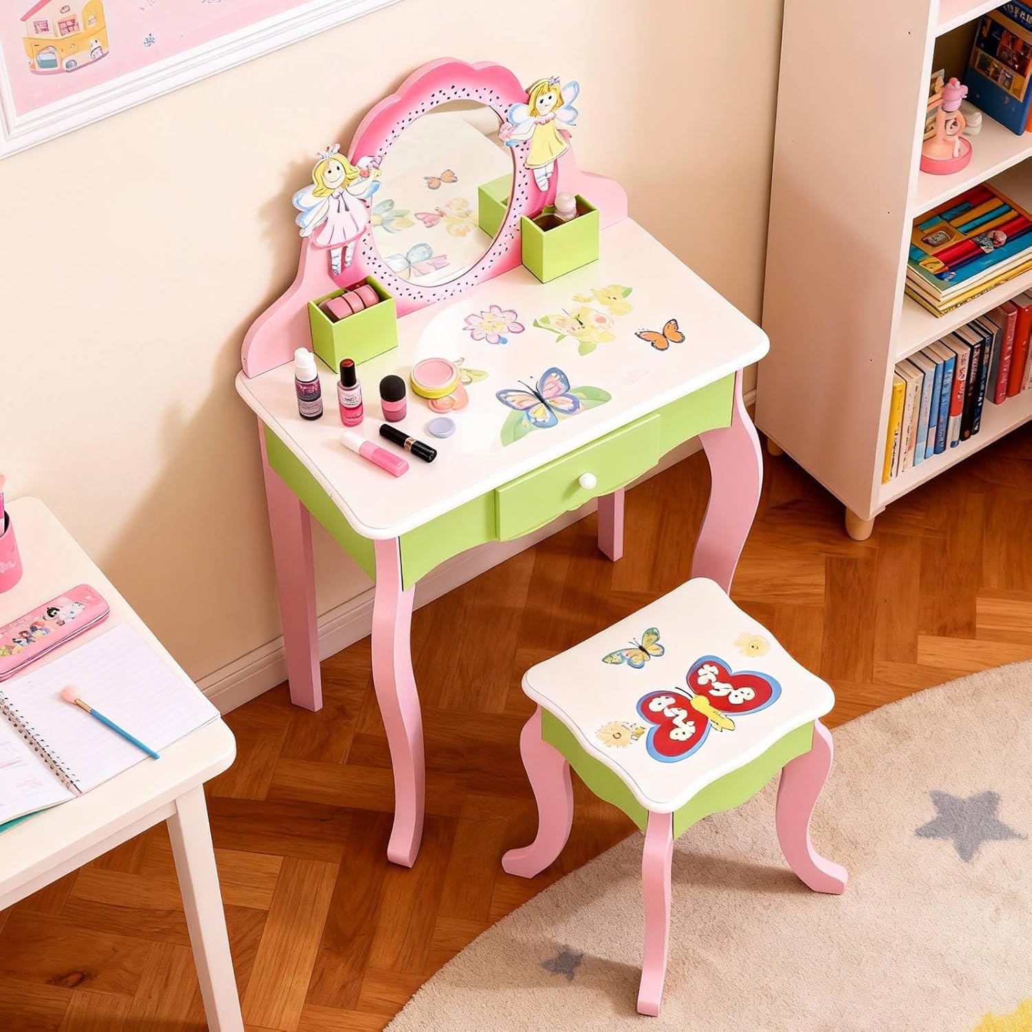 Kids Vanity Set, Wooden Princess Play Makeup Table with Unbreakable Acrylic Oval Mirror and Storage Drawer, with Anti Tip Device for Girls Age 3 and Up