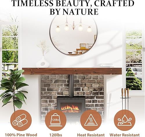 Miniatura 13 de Mantel de chimenea de 60 pulgadas, estante de mantel hecho a mano para sobre chimenea, mantel de madera con soporte invisible resistente, estantes
