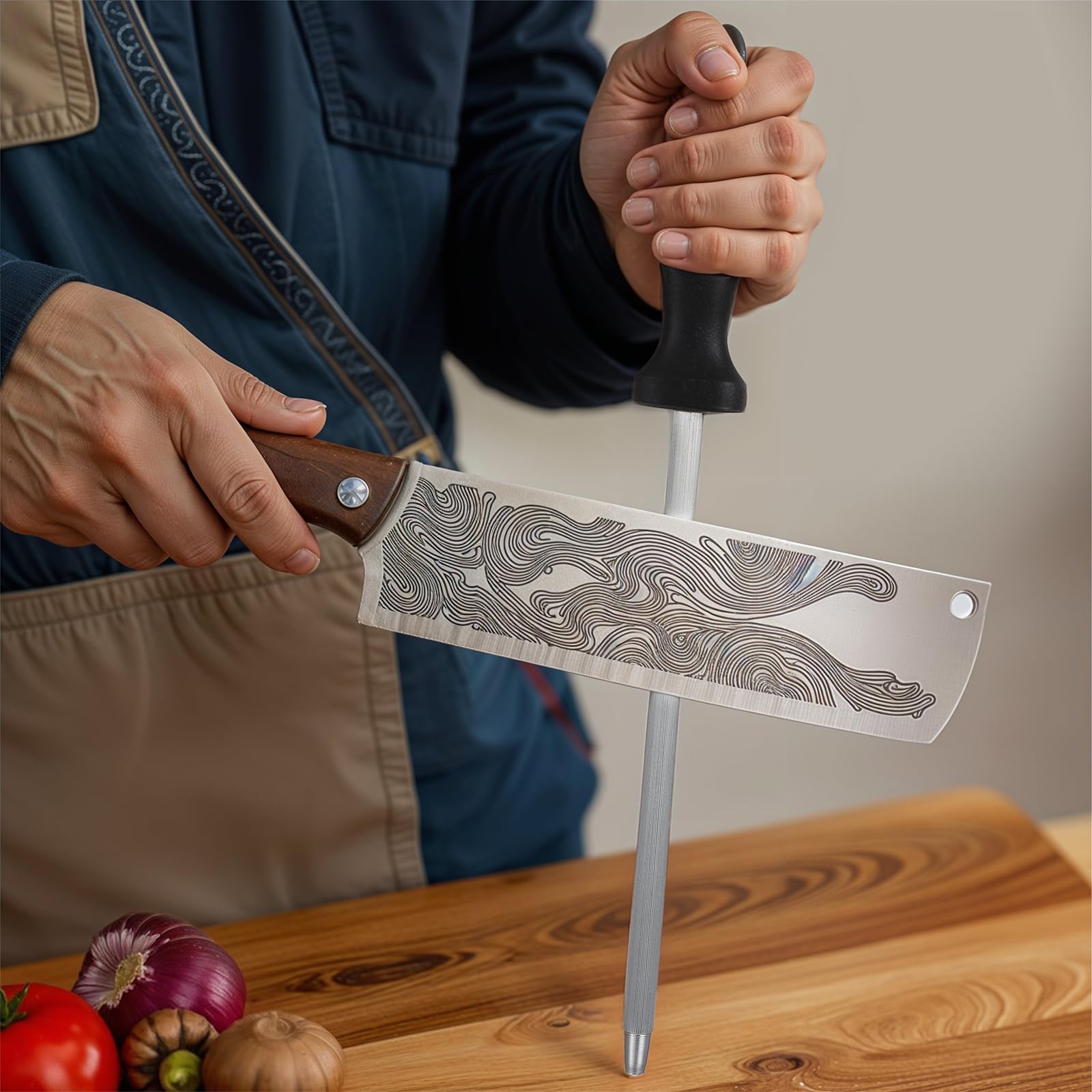 Fusil à aiguiser, fusil à aiguiser professionnel pour l'affûtage des couteaux, tige d'affûtage en acier au carbone pour l'entretien quotidien des couteaux de cuisine