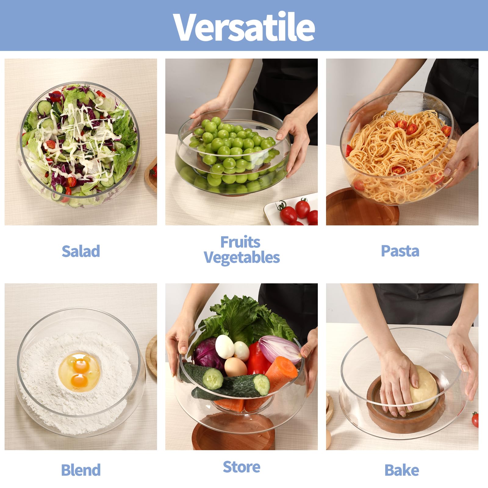 Juego de ensaladera de vidrio con servidores de base de madera, cuencos de ensalada soplados a mano extra grandes para la cocina, tazón grande para servir y tazón de vidrio pequeño y tazón 3