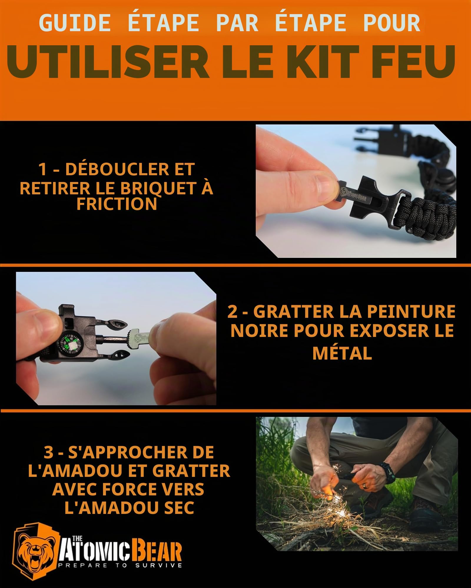 Lot de 2 bracelets de survie Cobra, Paracord + boussole + allume-feu + sifflet fort + couteau d'urgence, équipement de randonnée, de camping, de pêche, de chasse, noir + noir et orange