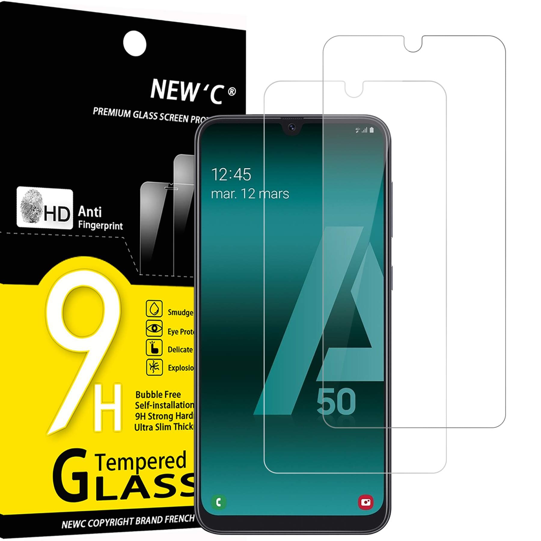 NEW'C 2 sztuki Szkło dla Samsung Galaxy A50, Galaxy A50s Hartowane i Folia Ochronna Ochraniacz Ekranu - Bez pęcherzyków powietrza, odporność na zarysowania