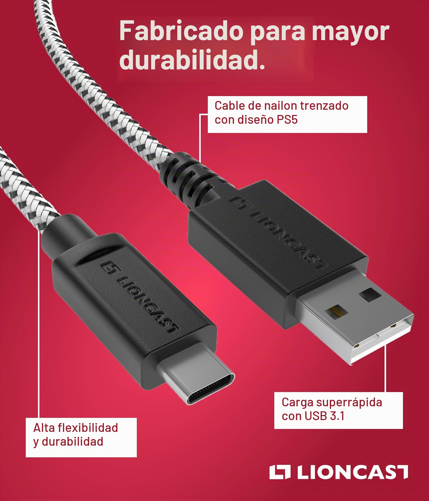 LIONCAST® Cable USB-C (4m) - Cable de Carga para Mando PS5 - Carga Rápida y Transferencia Eficaz - Cable USB Tipo-C Duradero de 4m - Compatible con Xbox One, iPhone 15 y Dispositivos USB-C