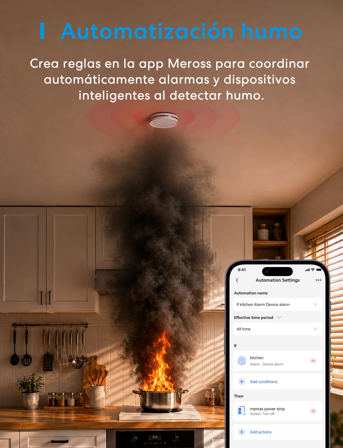 Meross Matter Detector de Humo Conectado con Hub MSH450, Sistema Alarma Incendio Inteligente WiFi con luz LED roja de evacuación, Compatible Apple Home y Home Assistant, Certificado EN14604, 6 Piezas