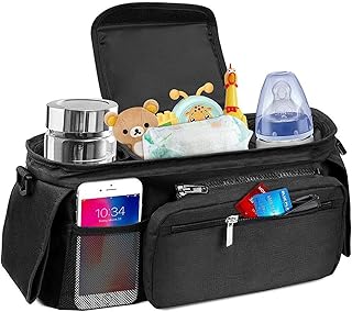 Universal Stroller Organizer with 2 Insulated Cup Holders & Multiple Pockets, qozabualy Stroller Cup Holder Stroller Bag Organizer Detachable Phone Bag & Shoulder Strap Fits Baby Jogger, Uppababy, BOB and Britax Stroller