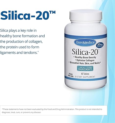 Miniatura 3 de EuroMedica Silica-20, 60 tabletas  Optimiza el colágeno, apoya la densidad ósea saludable + cabello, piel y uñas  Sin OMG, vegano  30 porciones