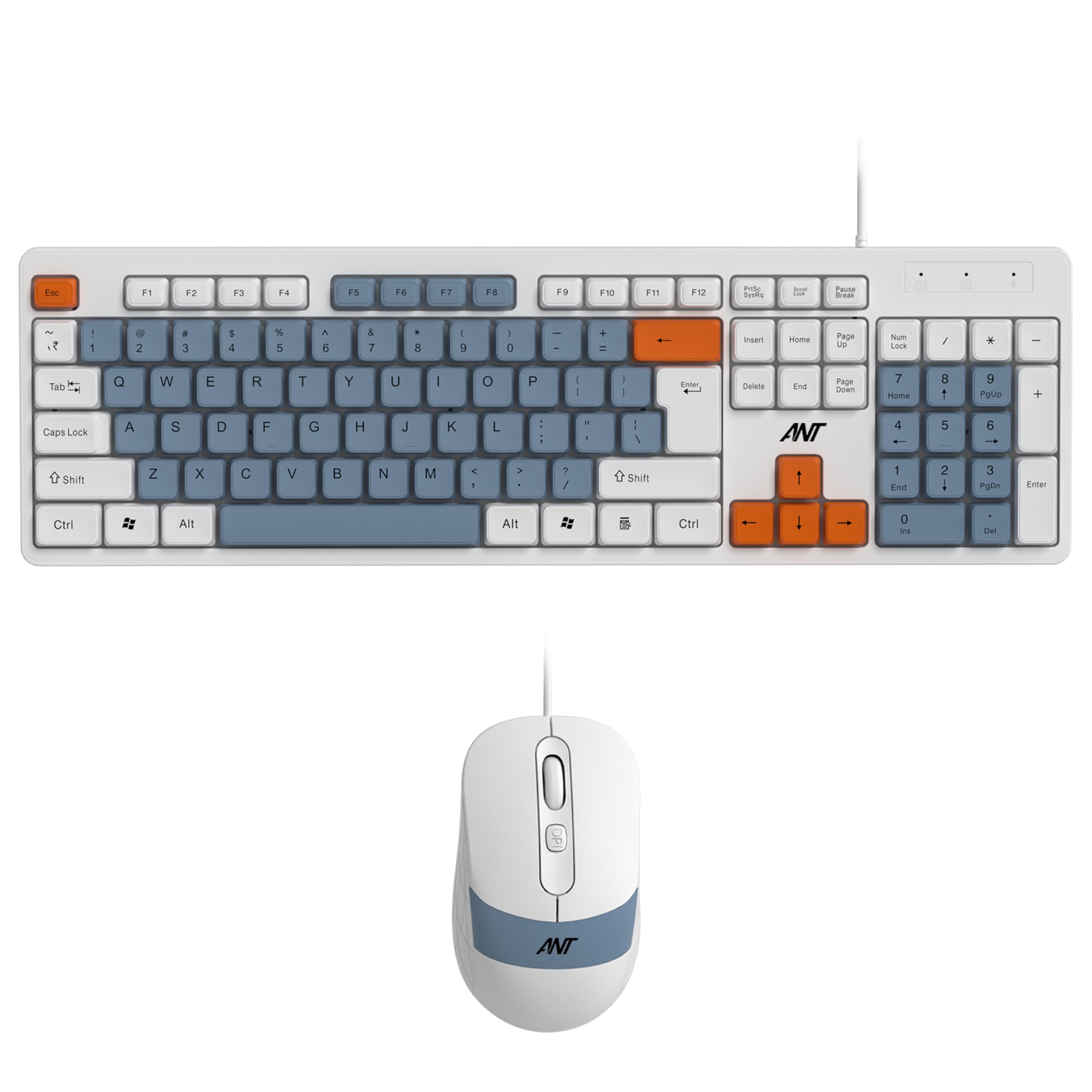 Ant MASTER 20 Wired Combo Keyboard & Mouse Set | 104 Key Membrane Keyboard 5 Million Keystroke Life | 2400 DPI Adjustable Mouse 1 Million Clicks | USB Plug & Play | Windows/Mac/Linux-White Grey Orange-image-2