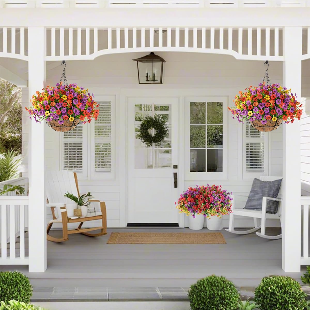 Artificial Faux Hanging Plants Flowers with Basket for Outdoor Outside Decoration,Look Real Colorful Daisy UV Resistant, for Patio Porch Balcony (12 Mix Flowers + 1 Basket)