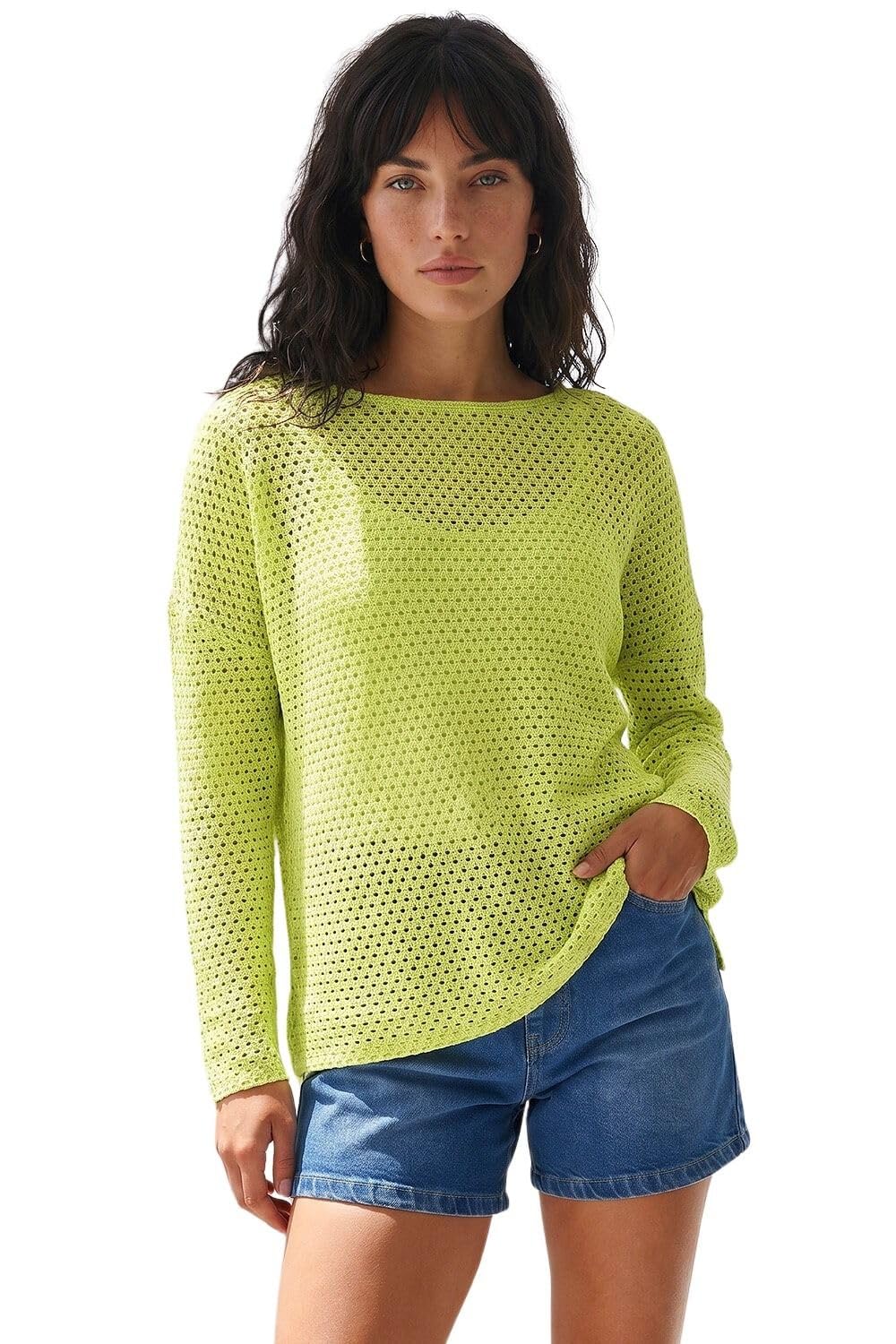 Roman Women's Crochet Cotton Jersey Top in Lime | Size: 18