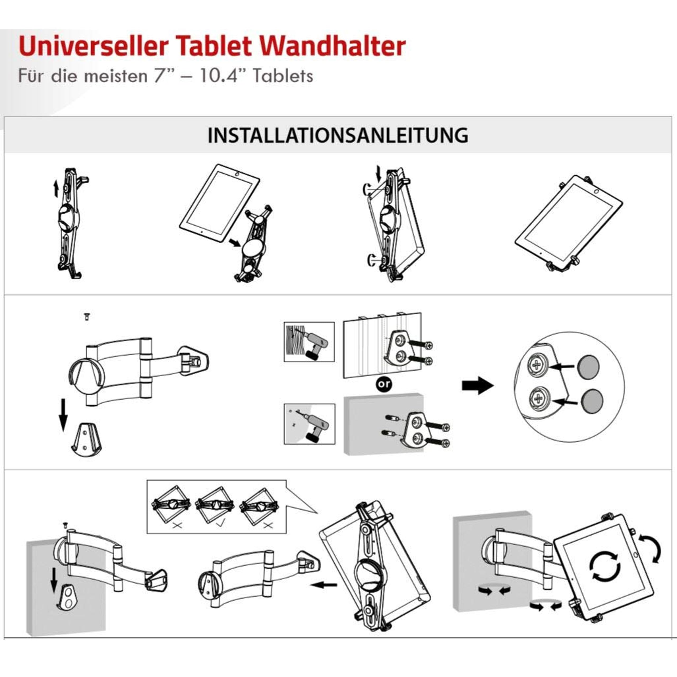 TronicXL Uniwersalny uchwyt ścienny do tabletu, 7-10,4", w pełni ruchomy, obrotowy, kompatybilny z Apple Ipad Lenovo, Huawei, Sony, Samsung Galaxy Tab A, Android, iOs, mocowanie ścienne
