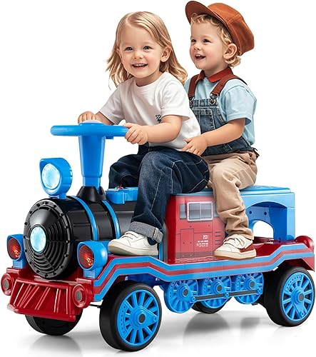 Costzon Tren sin rieles, 12 V, juguete de 2 plazas con silbato de tren, luces LED, música y silla extraíble, tren eléctrico con un botón y arranque