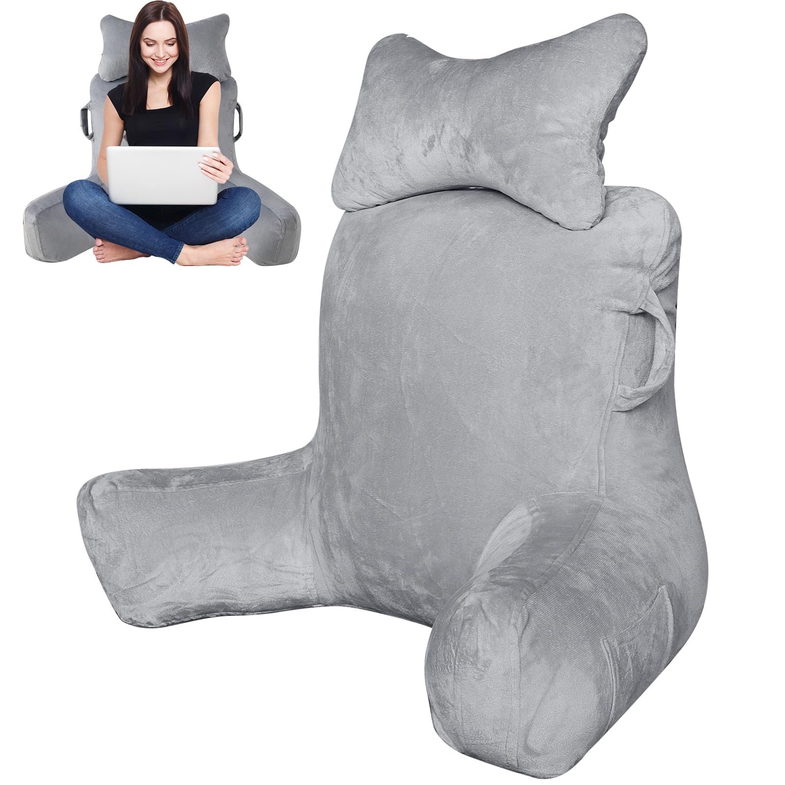 Almohada Lectura Cama, 90x80cm Grande Cojín Lectura con Respaldo Apoyo Lumbar y Cuello Desmontable y Brazos, Cojin Respaldo para Trabajar, Leer o Jugar en la Cama Sofá Suelo
