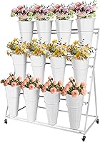 YTOXEO 3-Layer Metal Flower Display Stand with 12 Buckets & Wheels - Patio Garden Plant Cart for Living Room, Florist Shop