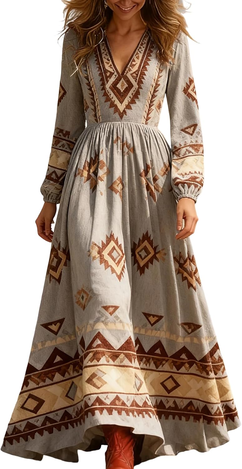 Women's Floral V Neck Maxi Dress 2026 Spring Summer Long Sleeve Casual Boho Wedding Guest Vacation Dress