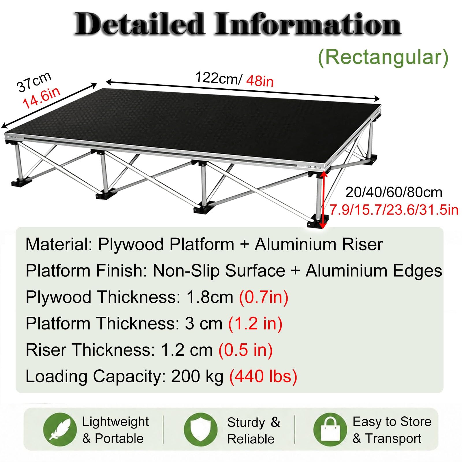 Escenario Modular Reforzado para Grandes espectáculos | Para bodas/exposiciones/conciertos en vivo/servicios religiosos, Montaje rápido(Rectangle,40cm/15.7″)