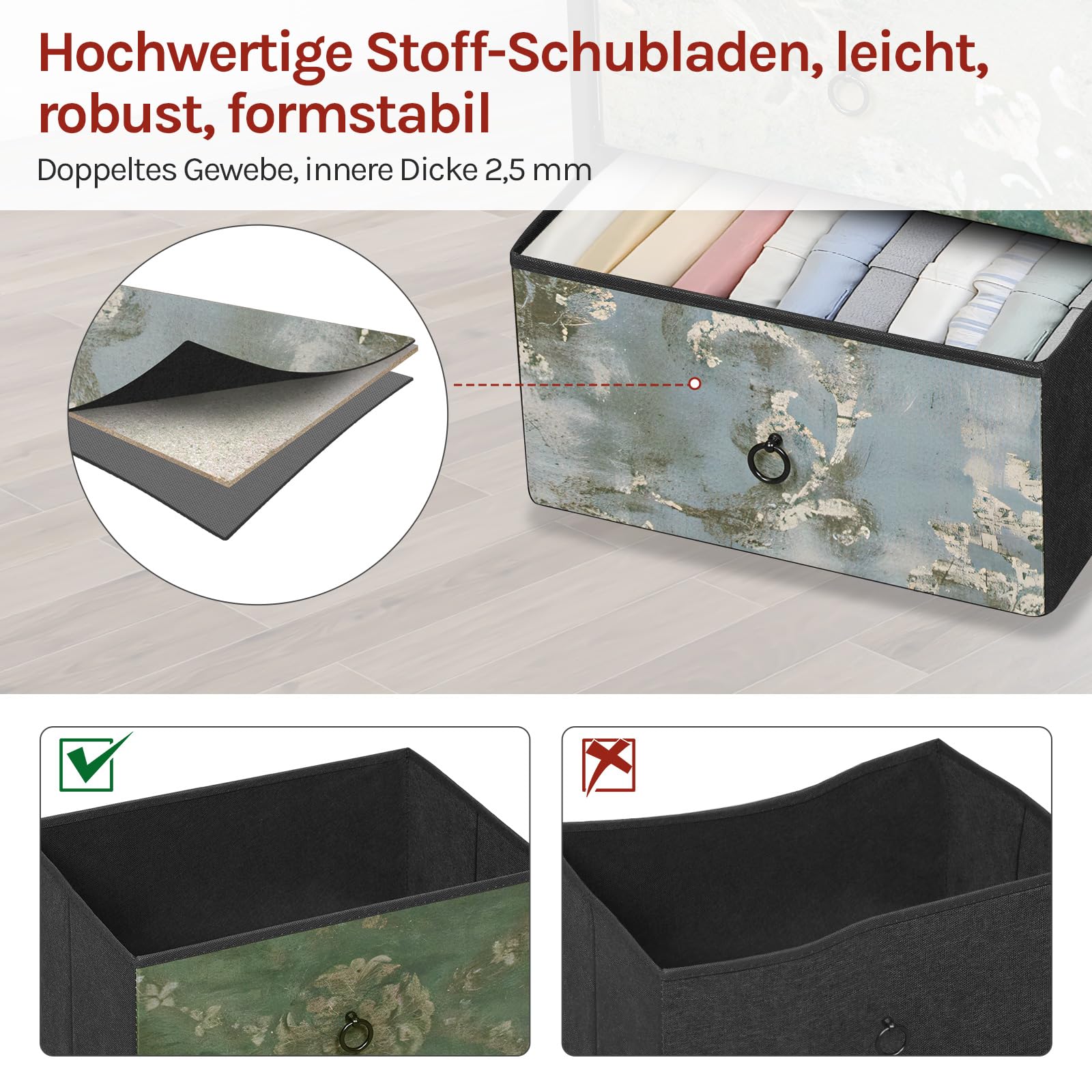 WOLTU Kommode mit 4 Schubladen aus Stoff, Sideboard Schubladenschrank, für Wohnzimmer Schlafzimmer Flur, Rustikales Braun mit Vintage-Blumenmotiv, 45x95x30 cm, SSK011pw
