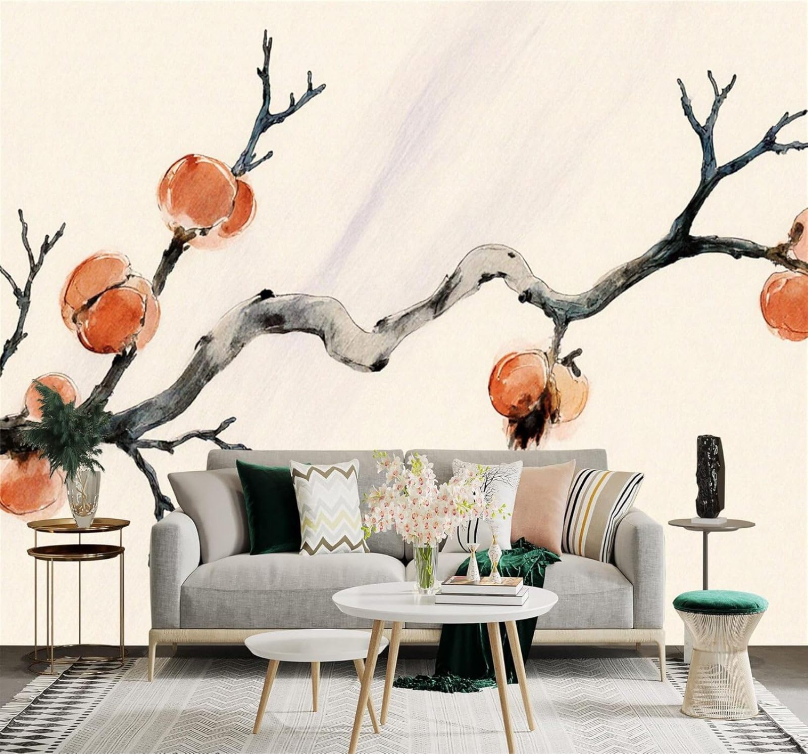 XLMING Watercolour Persimmon Branches Minimalist Ink Art 3D Wallpaper Premium Textured Silk Study Dining Living Room Bedroom Sofa TV Wall Easy Install-350cm×256cm