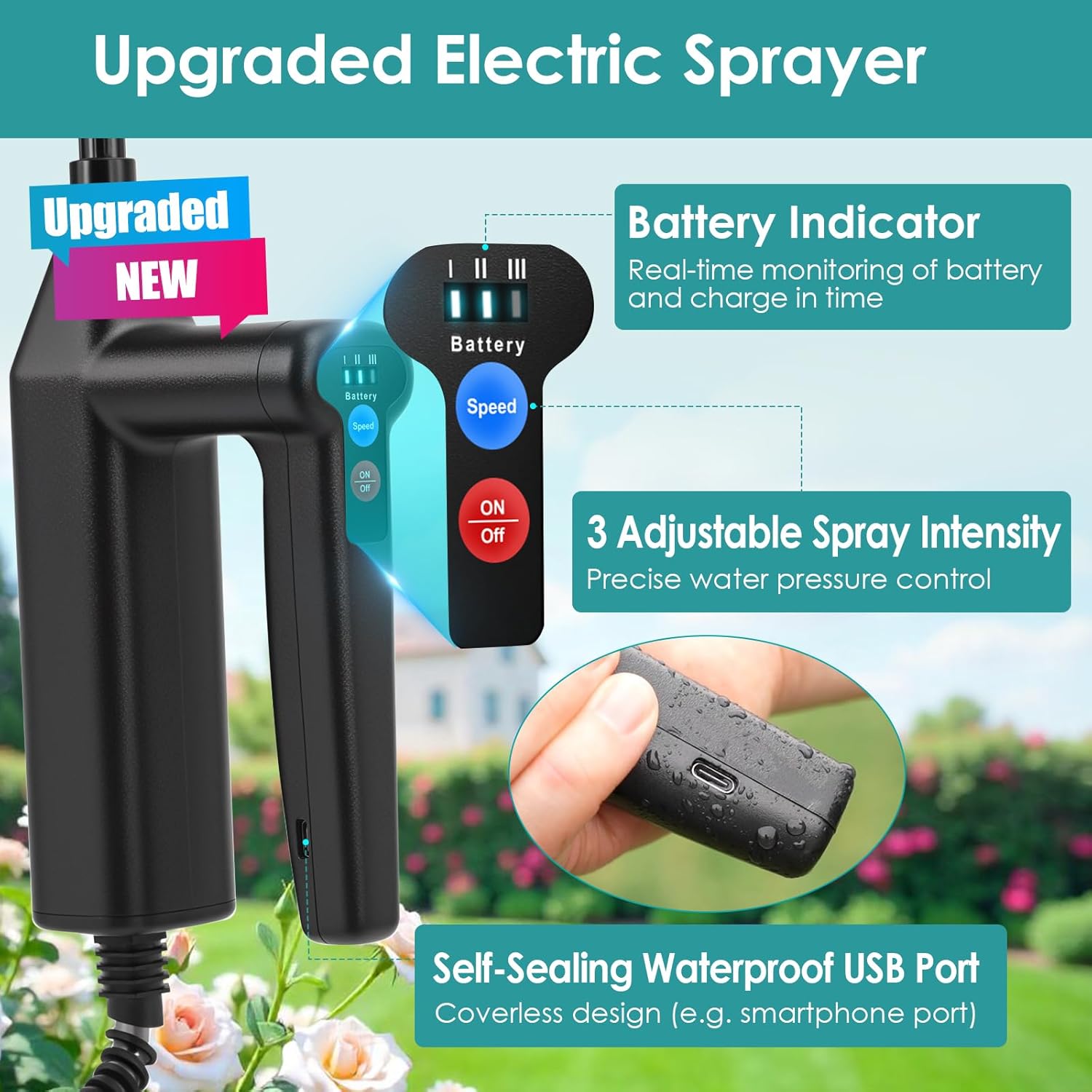 Battery Powered Sprayer 2 Gallon, 2025 Upgraded Electric Weed Sprayer with 3 Spray Forces, Battery Indicator, Rechargeable Handle,4 Mist Nozzles,23.6" Retractable Wand,Shoulder Strap, for Lawn&Garden - Image 3