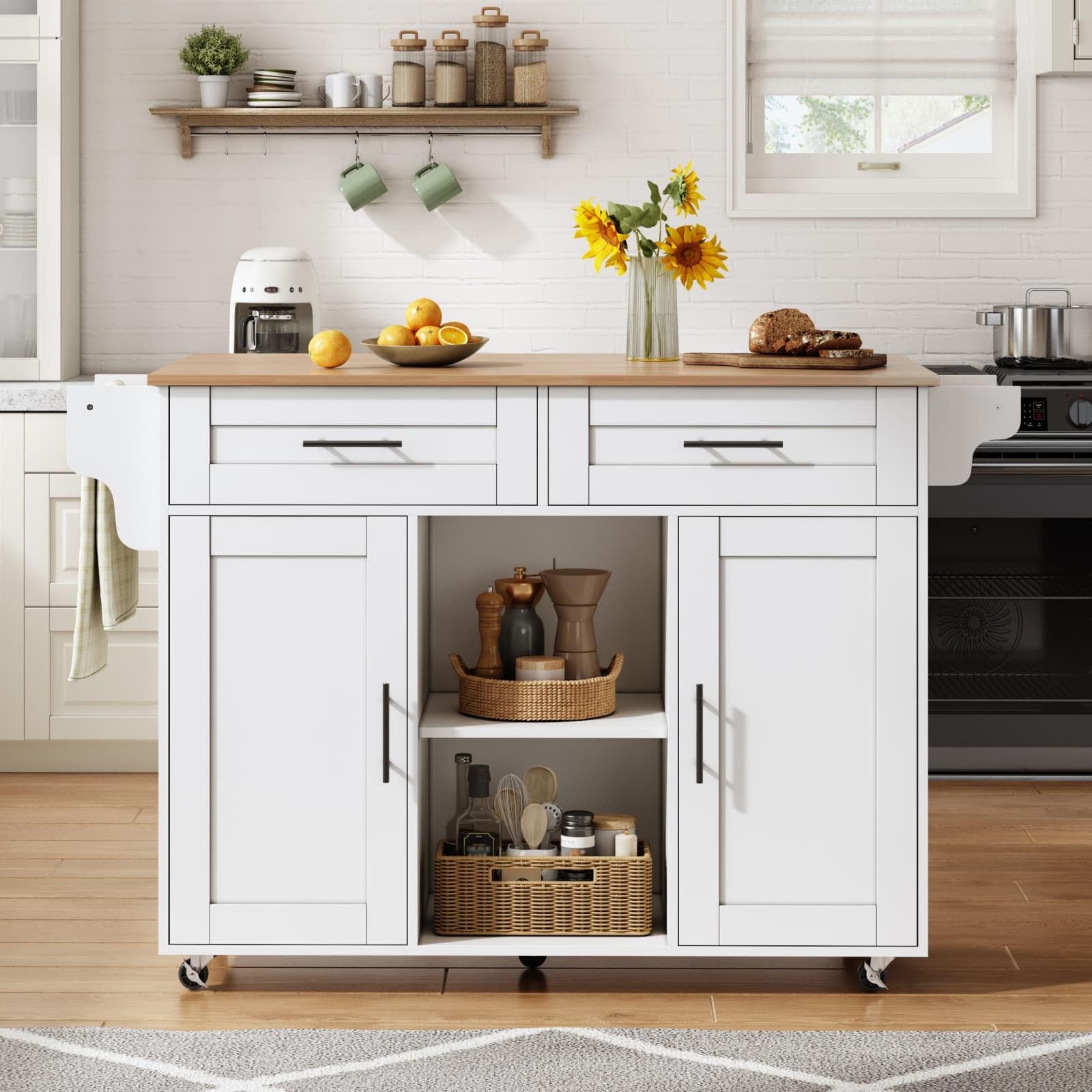 KOMHTOM ilot de Cuisine Moderne, Armoire de Cuisine, Chariot de Salle à Manger, Plateau de Table Pliable, 3 tiroirs, 2 Portes, étagère de Rangement et Porte-Serviettes (Blanc-10)