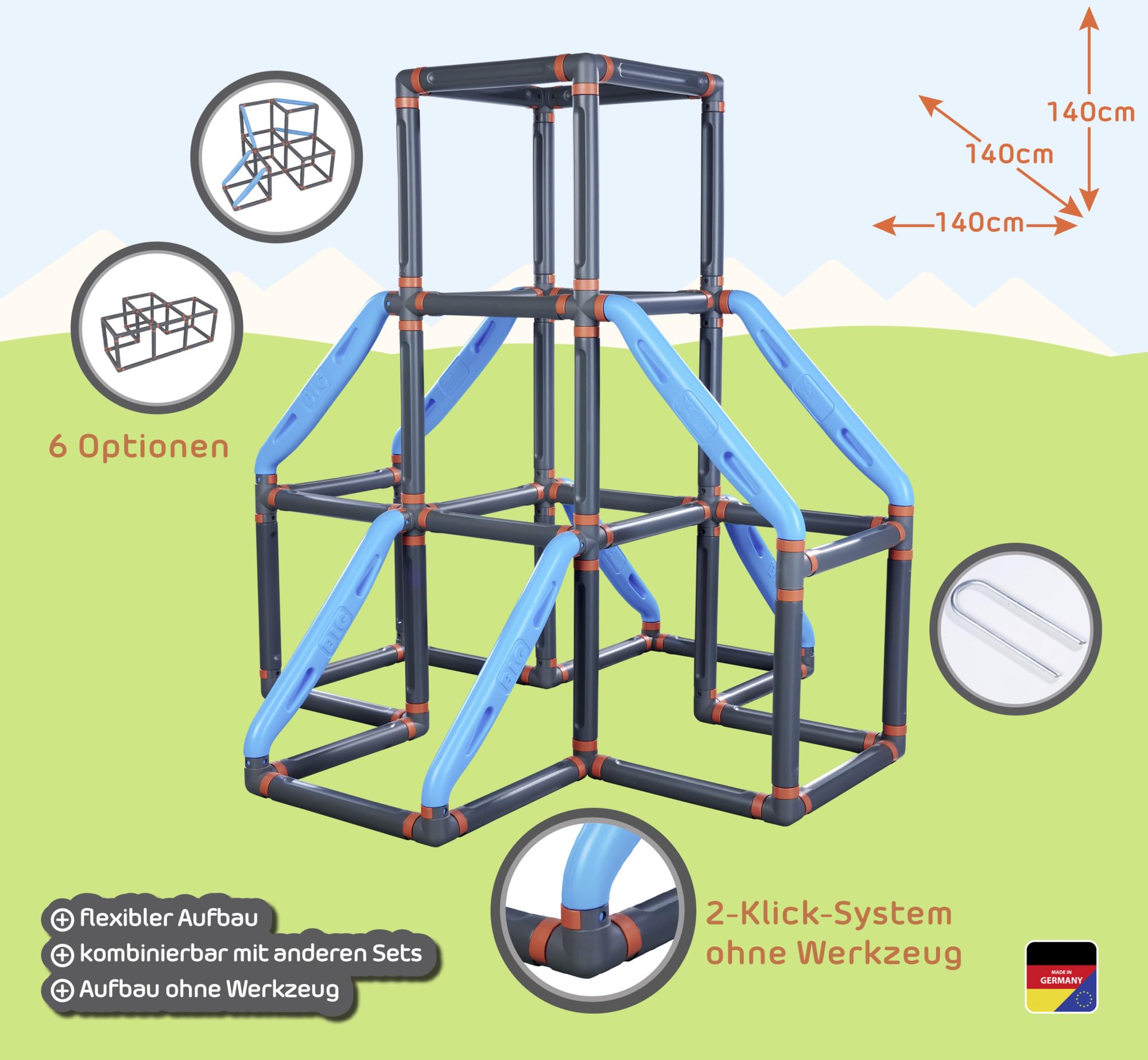 Big Kraxxl The Tower Kletterturm - Klettergerüst Outdoor für Kinder von 3-7 Jahre (max. 100 kg) - Spielturm zum Klettern auf 3 Etagen, 184 Teile mit innovativem klick-System, 140 x 140 x 140 cm