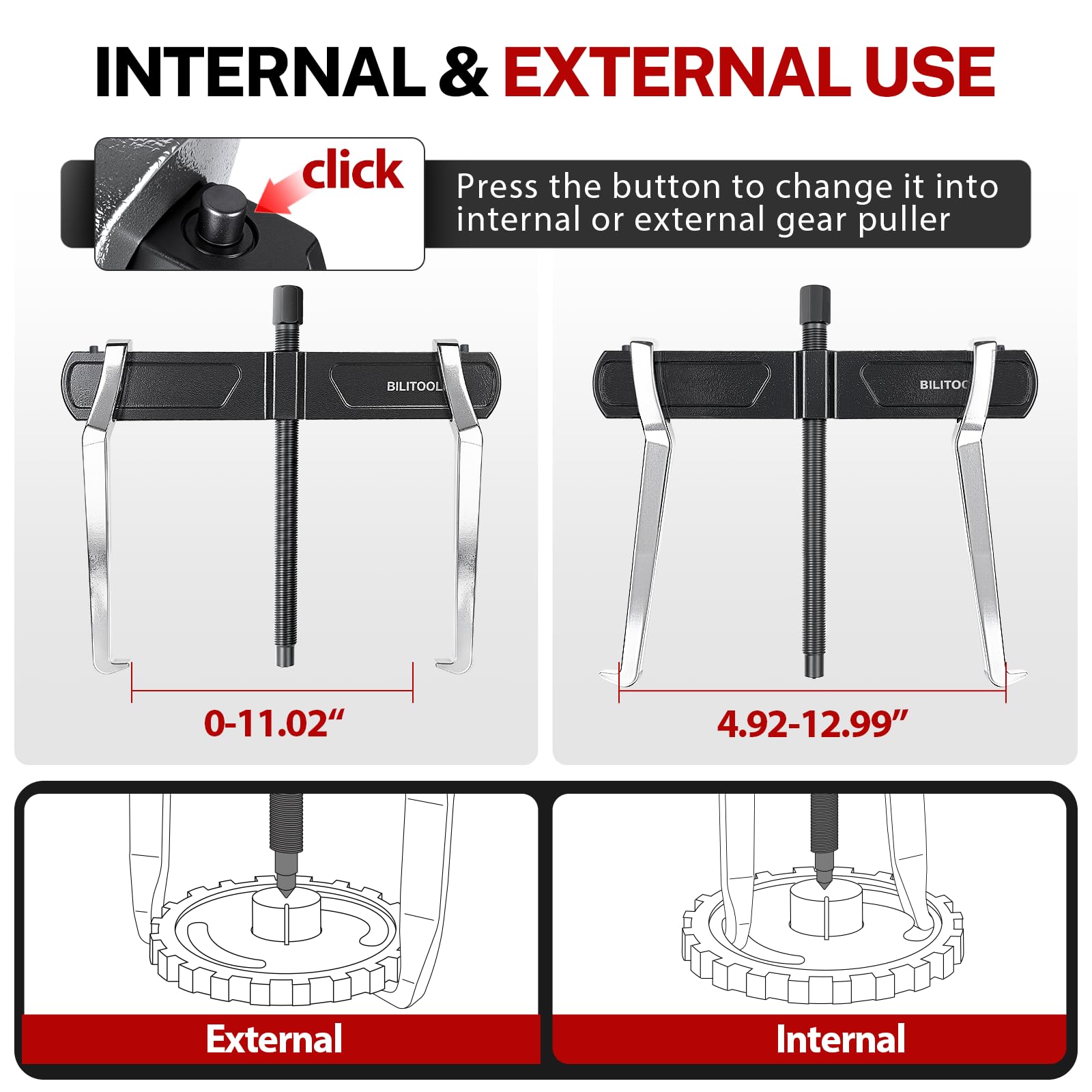 BILITOOLS Extractor de engranajes de 2 mandíbulas de 12 pulgadas, herramienta de extracción de rodamientos y poleas | Interno externo reversible para volante, engranajes y poleas