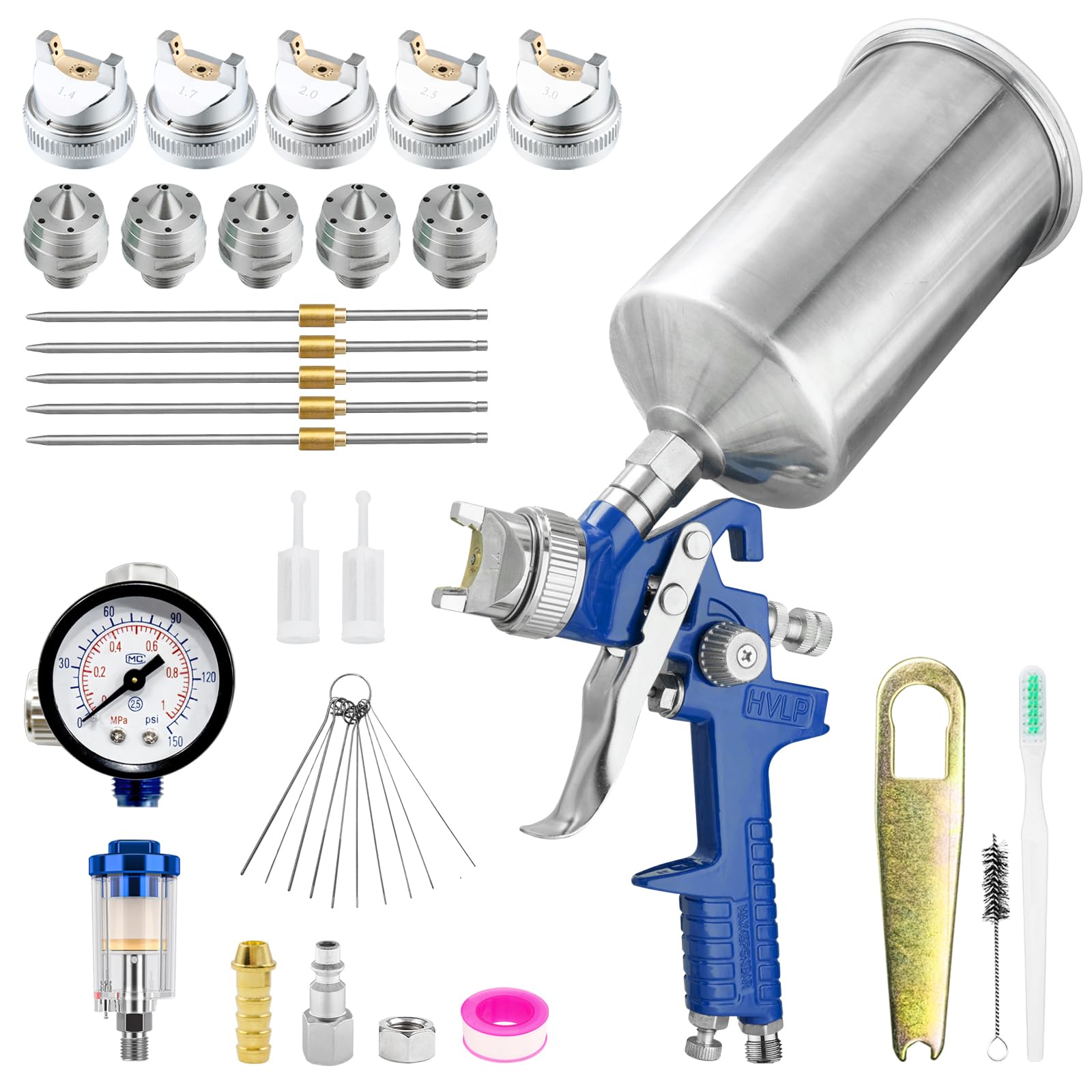 HVLP - Kit de pistola de pintura de alimentación por gravedad automotriz con 5 boquillas de 1.4/1.7/2.0/2.5/3.0 mm y taza de aluminio de 1000 cc, pistola de pintura automotriz para pintura de