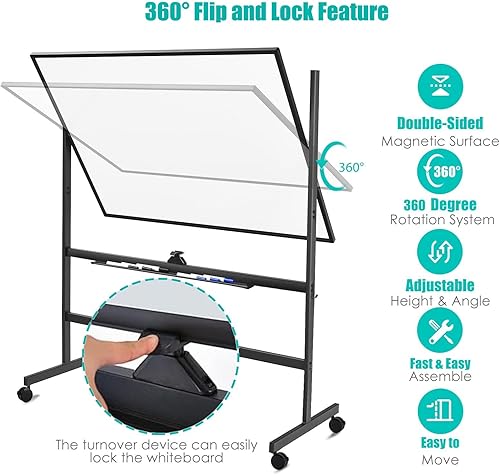 Miniatura 7 de BIBOC Tablero móvil  36 x 24 pulgadas, portátil, de borrado en seco, caballete, pizarra blanca, caballete de borrado en seco, con ganchos para