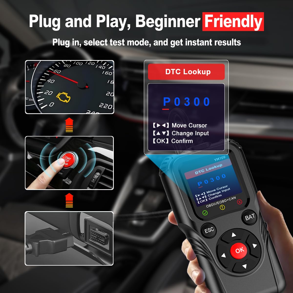 Scanner OBD2 con tester per batteria, lettore di codici auto per spia di controllo del motore, dati in tempo reale, tensione della batteria e durata della batteria, strumento diagnostico per