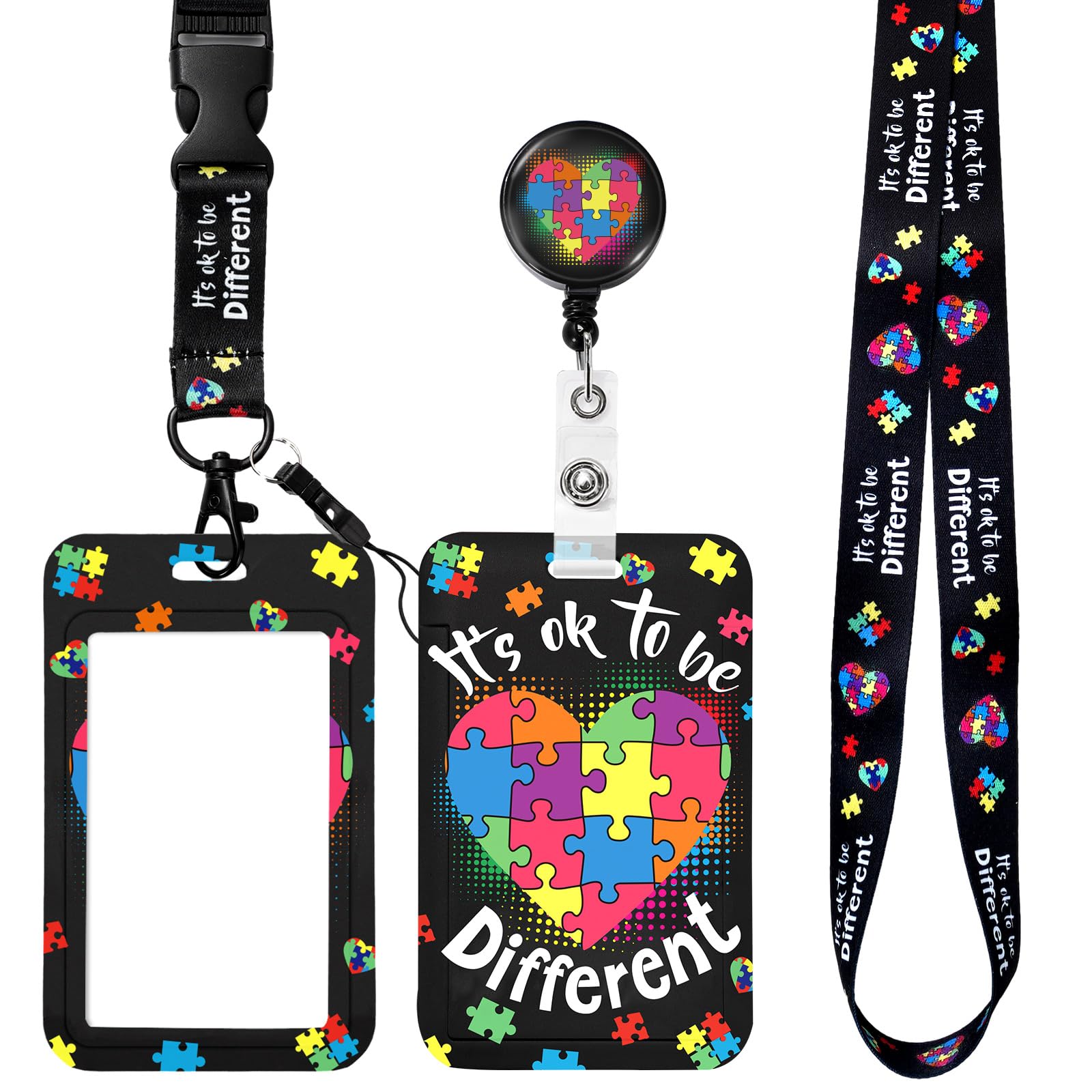 Whaline Autism Awareness Badge Holder with Retractable Reel Inspirational Hearts ID Holder with Breakaway Lanyards for Autistic Pride Day Office School Hospital Gifts Supplies