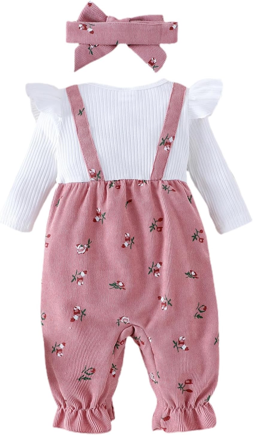 Newborn Baby Girl Fall Clothes Corduroy Floral Bow Onesie Jumpsuits Ruffle Long Sleeve Outfit Infant Cute Romper - Image 5