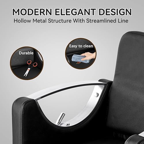 Miniatura 5 de Hicomony Silla de peluquería reclinable, silla de salón negra para estilista, sillas de peluquería giratorias de 360 grados para el hogar de la
