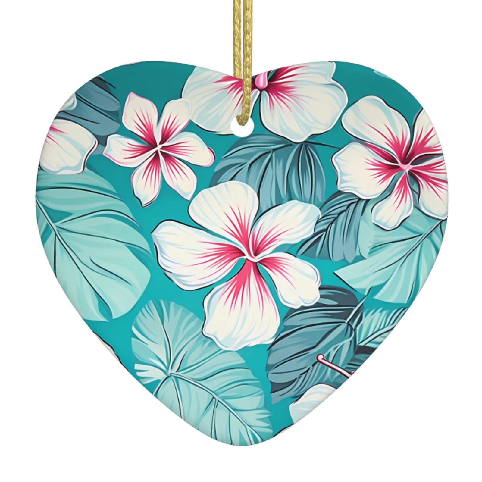 Ceramic Christmas Tree Hanging Ornaments with Gold Ropes Christmas Tree Decorations Heart Ceramic Tropical Hibiscus Flowers Pendant Keepsake Decorations for Holiday Xmas Gift Ideas