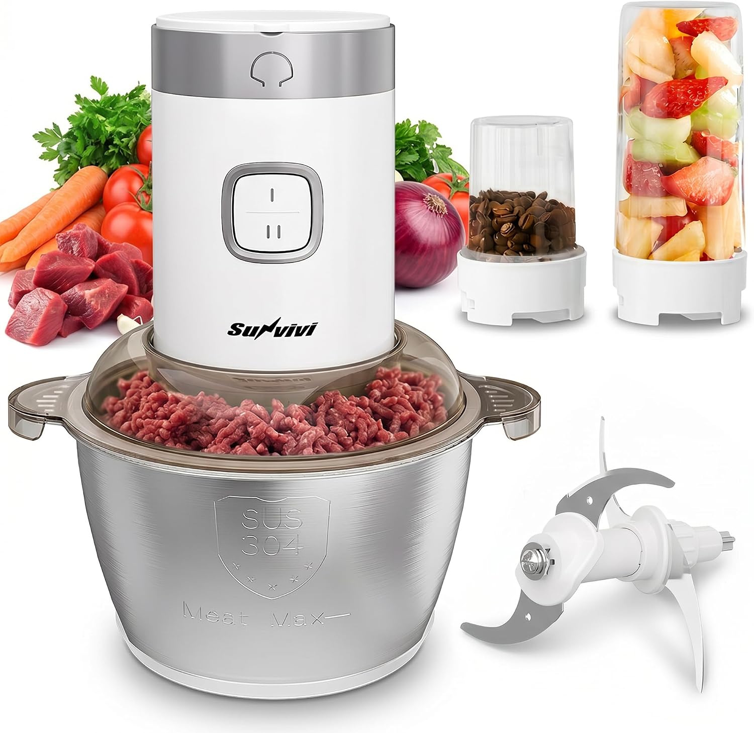 Sunvivi 4-IN-1 Food Processor: 350W Electric Meat Grinder, 2 Bi-Layer 4 Blades, 1.8L Stainless Steel Bowl, Juicer, Coffee Grinder, Garlic Peeler, Vegetable Chopper, 2-Speed, 150&350ml Cups, White