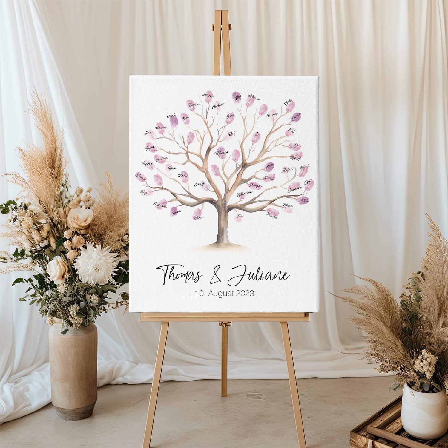 GRAVURZEILE Tela stampata, albero di nozze, personalizzabile, con nome e data, libro degli ospiti con impronte digitali, regalo di nozze personalizzato, regalo per gli sposi, 30 x 40 cm