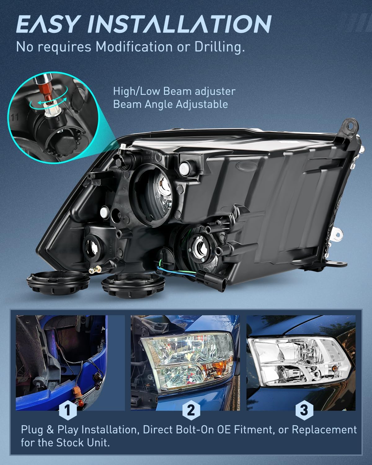 Nilight Headlight Assembly 2009 2010 2011 2012 2013 2014 2015 2016 2017 2018 Ram 1500 2500 3500 Pickup Quad Headlamp Assembly Replacement Chrome Housing Clear Corner Clear Lens,(Only for Quad Models)