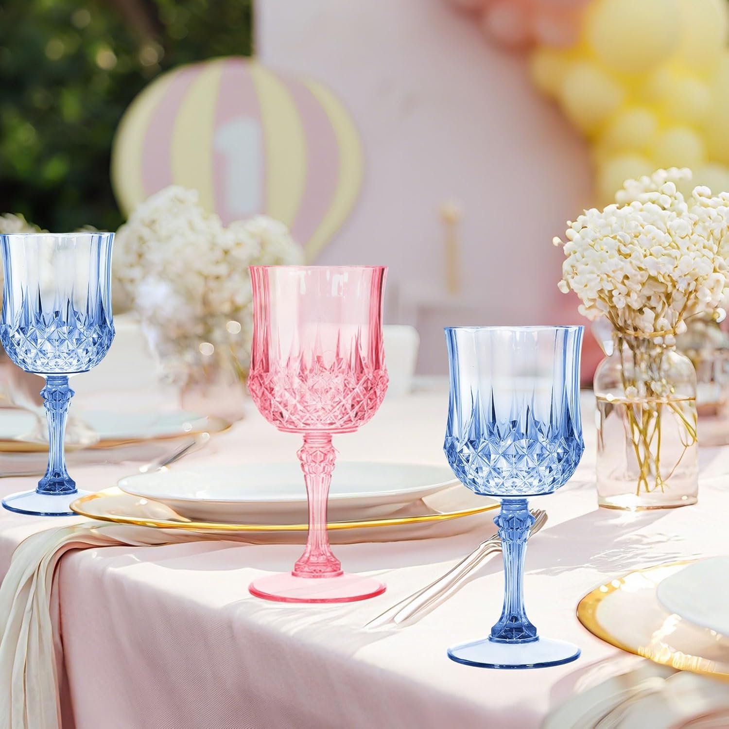LemonRoad 24 Pcs Pink and Blue Plastic Wine Glasses Holiday Party Vintage Plastic Goblets Drinking Glasses for Wedding Reception Bridal Showers Grand Event Party Supplies