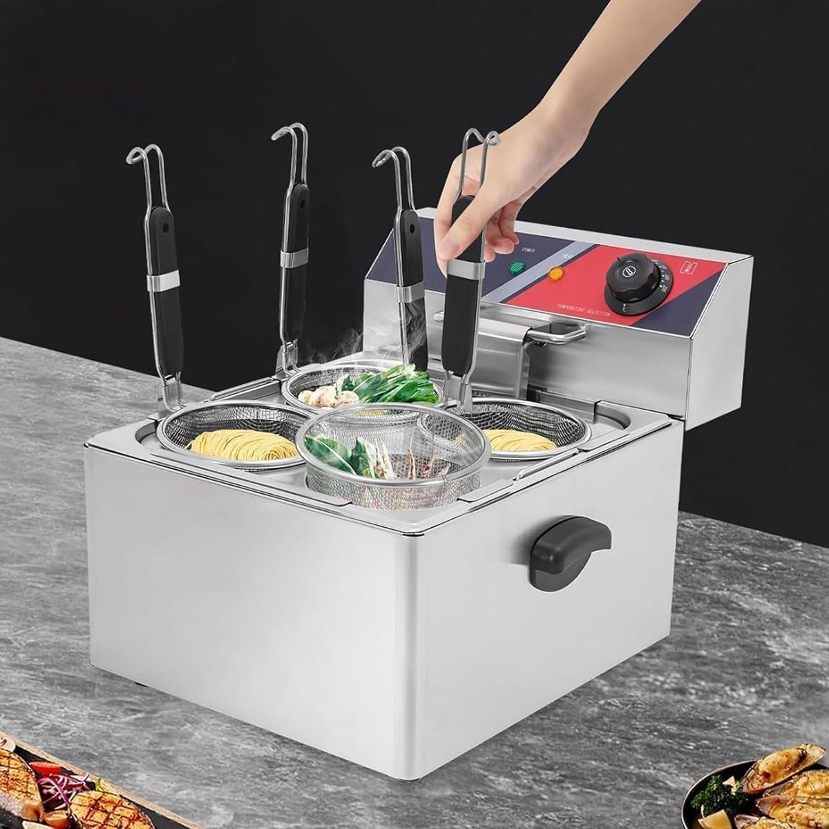 Cuocipasta Elettrico Professionale a 4 Fori,Cuocipasta Elettrico da 3500W con 4 Cestelli colino, Macchina for Cottura Spaghetti in Acciaio Inossidabile,Temperatura Regolabile 140-392℉,for Ristoranti