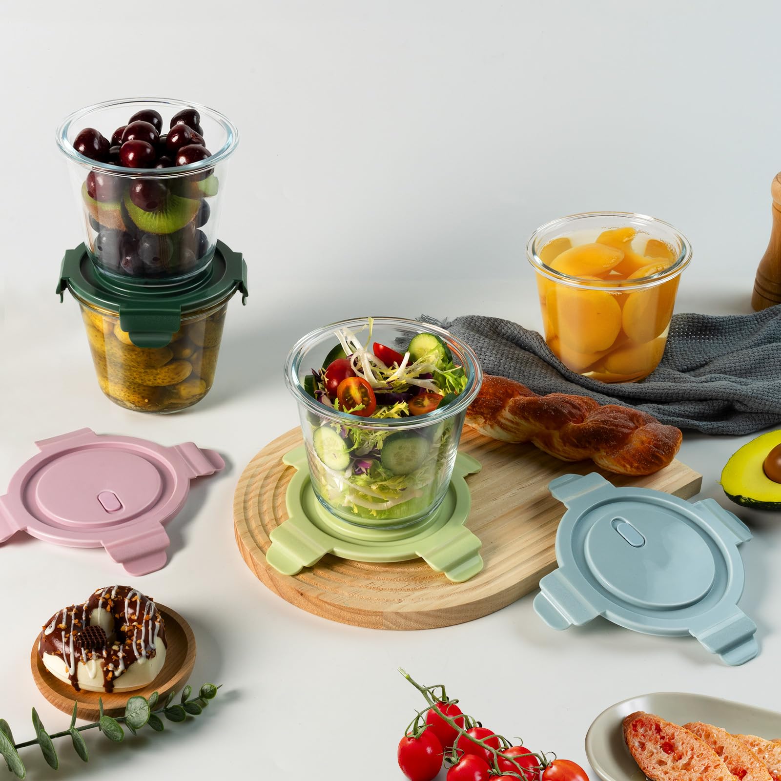 Juego de 8 recipientes de vidrio para preparación de comidas con tapas, herméticos de 3 tazas, resistentes al calor, sin BPA para sobras de sopa, microondas, lavavajillas y congelador (4 paquetes de 3