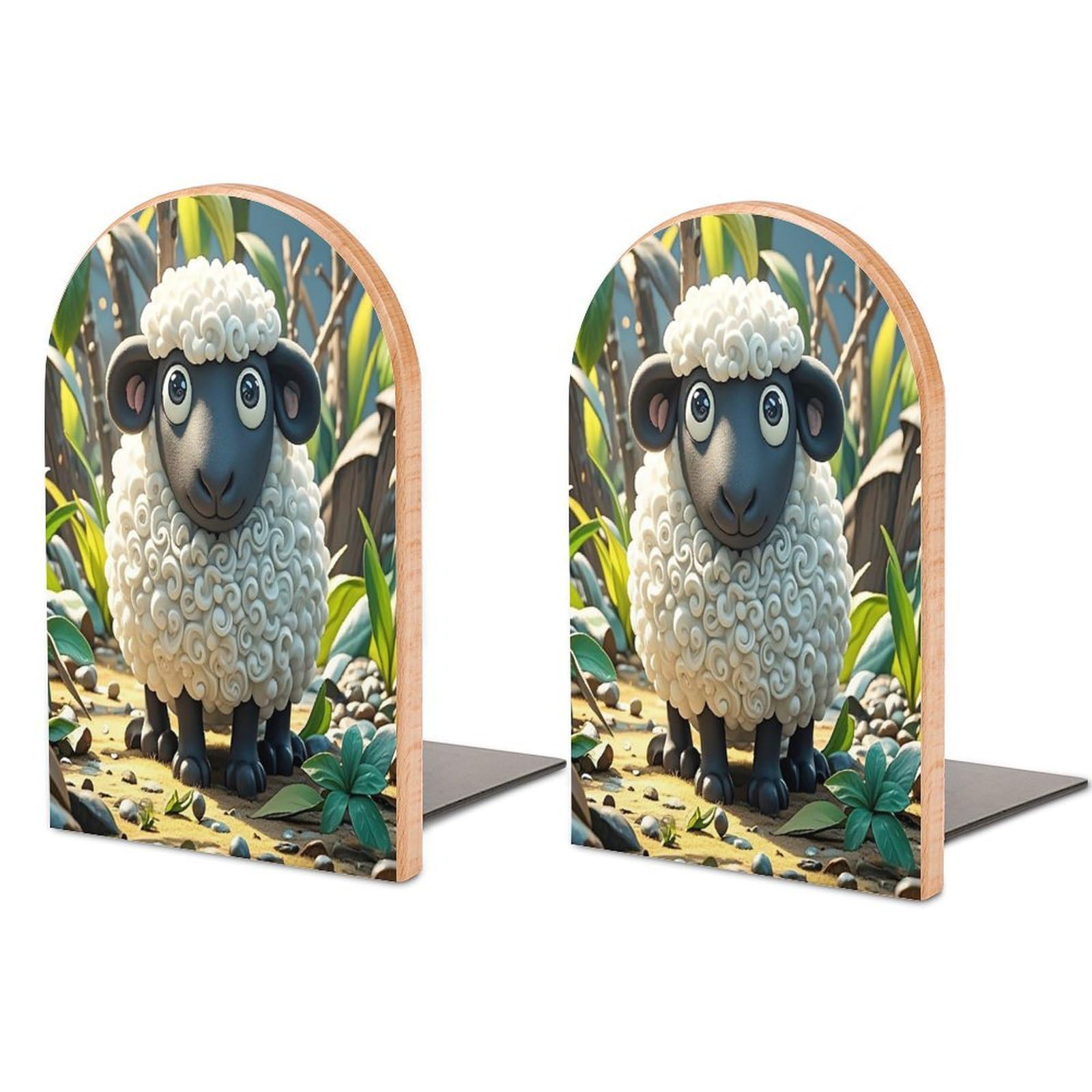 Cartoon Black White Sheep Bookend for Shelves Unique Book End Sturdy Books Holder Heavy Duty Wooden Bookends Support Non-Slip Book Organizers Decorative Modern Bookend Holder for Home