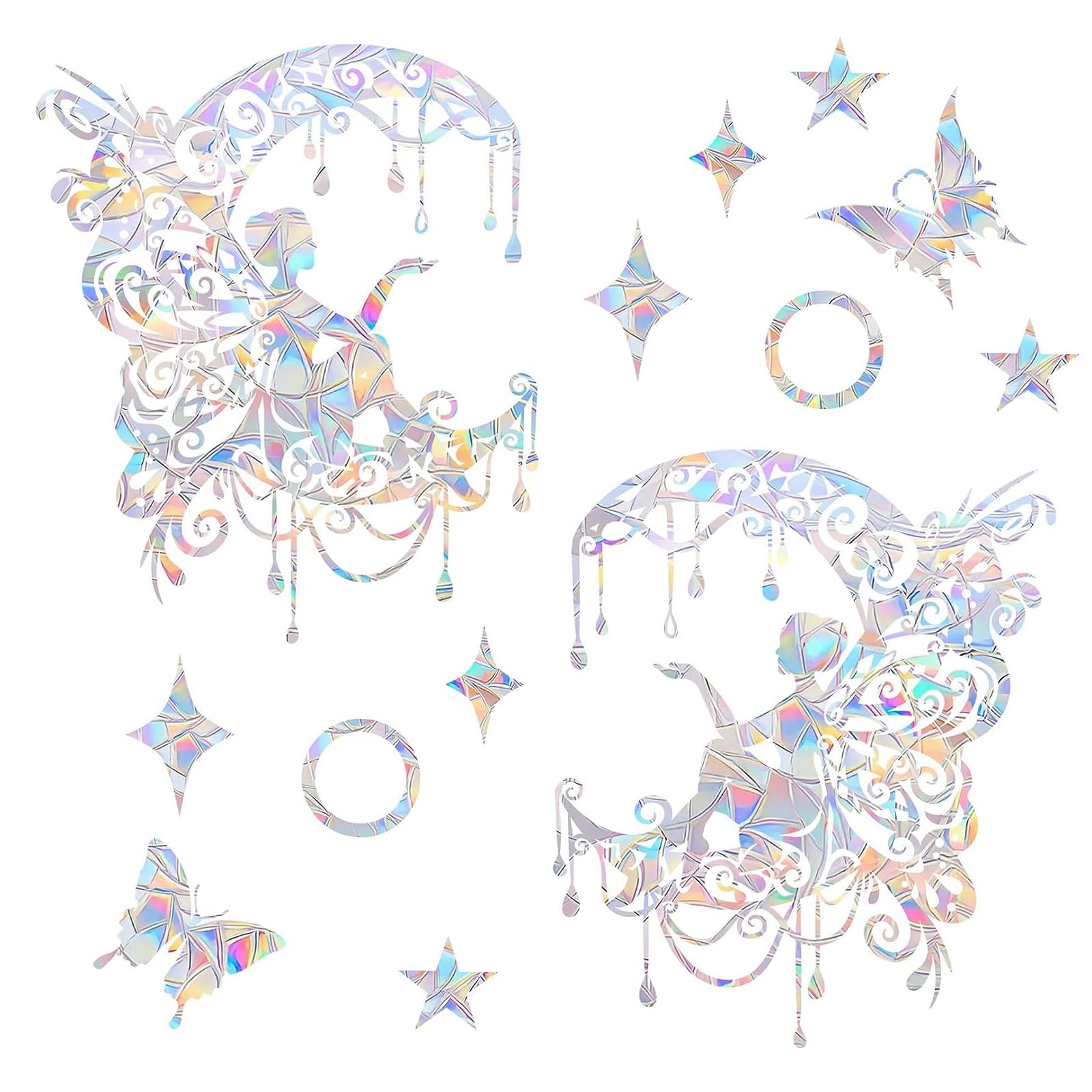 21PCS Fairy and Moon Window Clings - Anti-Collision Decals to Save Birds, Non-Adhesive Prismatic Vinyl Clings, Rainbow Stickers