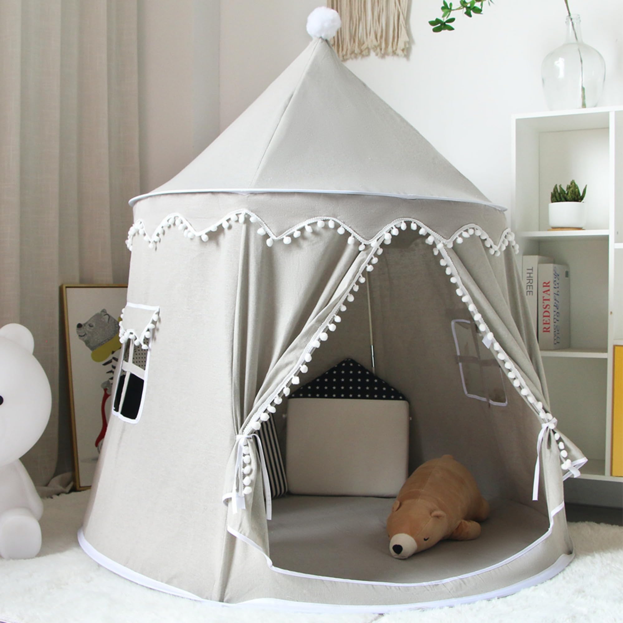 ZBELLO Kids Play Tent, 51x43 inch Kids Tent Indoor, Cotton Linen Prince Princess Castle, Children Gift for Game Party Birthday (Grey)